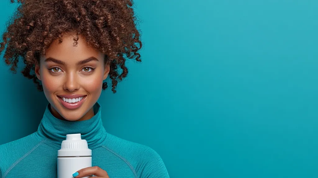 A young woman with curly brown hair smiles brightly at the camera. She is wearing a teal turtleneck sweater and is holding a white water bottle.  The background is a solid turquoise blue.  She seems happy and healthy.