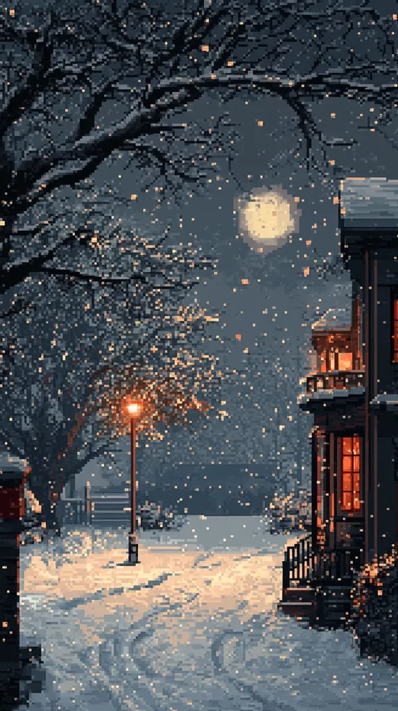 A snowy night scene with a streetlamp casting a warm glow on a snow-covered street. A large tree branches out over the scene, with a full moon shining in the sky. A building with warm lights in the windows stands on the right side of the frame, adding a touch of cozy charm to the wintry landscape.
