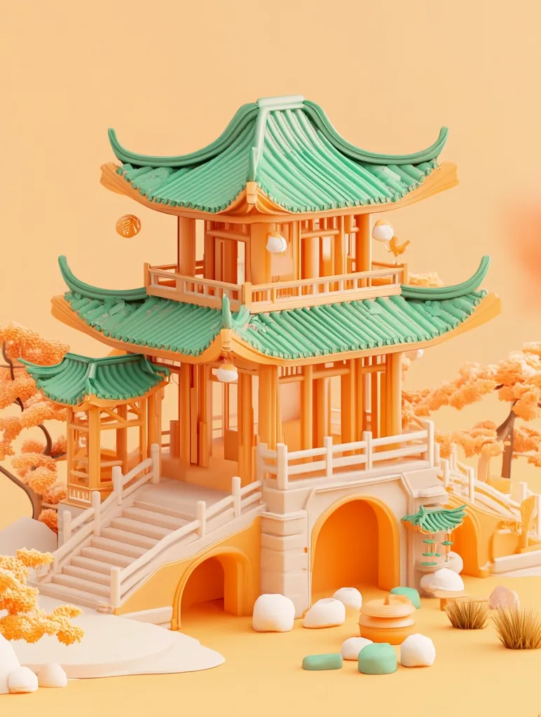 A 3D rendered image of a stylized, cartoonish Chinese pagoda with a green roof and orange walls. The pagoda sits on a bridge with steps leading up to it. There are trees and rocks surrounding the structure, and a light orange background. The scene has a whimsical and playful aesthetic.