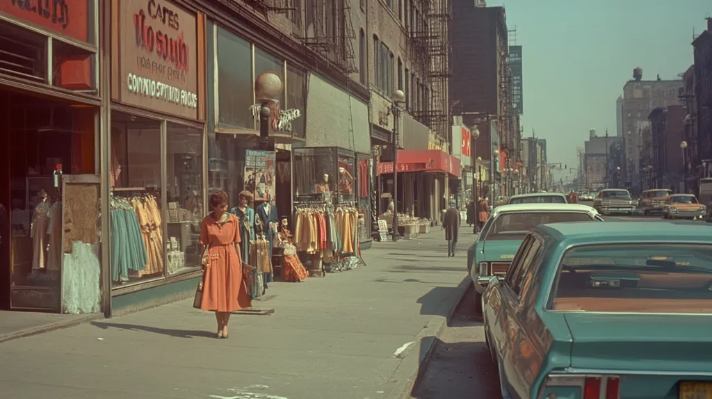 A woman in a red dress walks past a row of storefronts on a bustling city street. The street is lined with parked cars and a few pedestrians walking in the opposite direction. The buildings are old and have faded paint, but the street is still vibrant with life. The image captures a moment in time, a snapshot of everyday life in the city.