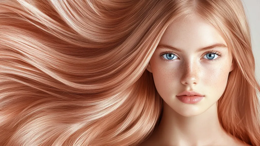 A young woman with long, flowing, strawberry blonde hair looks directly at the viewer. Her hair is styled in soft waves, framing her face and highlighting her delicate features.  She has clear, pale skin with freckles, and her blue eyes are large and expressive.  Her lips are full and slightly parted, suggesting a hint of a smile. The overall effect is one of youthful beauty and natural elegance.