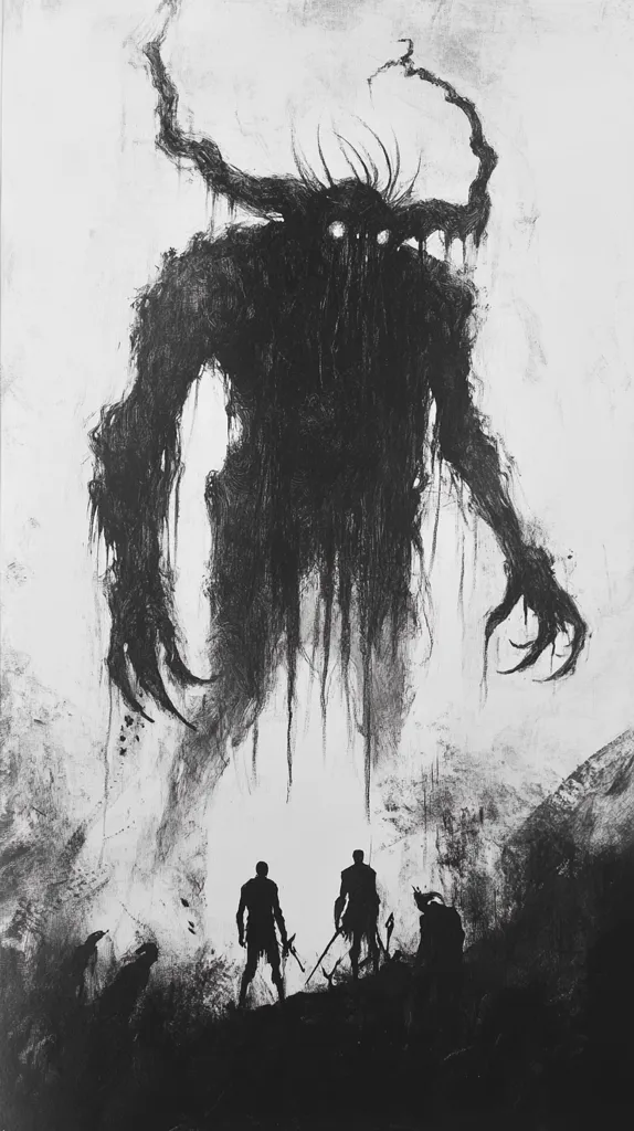 The image depicts a monstrous creature, rendered in dark, shadowy form, towering over three figures in the foreground. The creature's face is obscured by darkness, and its limbs are long and spindly, with sharp claws. The three figures stand in a silhouette, their bodies seemingly dwarfed by the beast. The background is a hazy, white void, suggesting an ominous atmosphere. The overall tone of the image is dark and unsettling, hinting at a confrontation between the figures and the creature.
