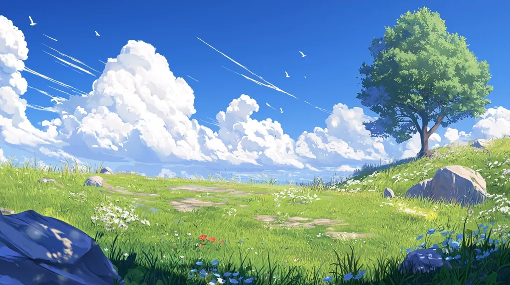 A vibrant green field stretches out under a bright blue sky filled with fluffy white clouds. A lone tree stands on a small hill in the right foreground, its branches reaching towards the heavens. Scattered rocks and wild flowers add to the beauty of the scene, creating a peaceful and serene atmosphere.  Birds soar through the air, their white forms contrasting with the clear blue sky. The image evokes a sense of tranquility and wonder, capturing the essence of a perfect summer day.
