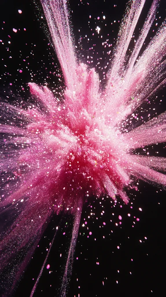 A burst of pink glitter explodes against a black background. The glitter is scattered in a radial pattern, with the largest concentration in the center. The glitter creates a dazzling, sparkling effect. The image is reminiscent of a firework display or a cosmic explosion.