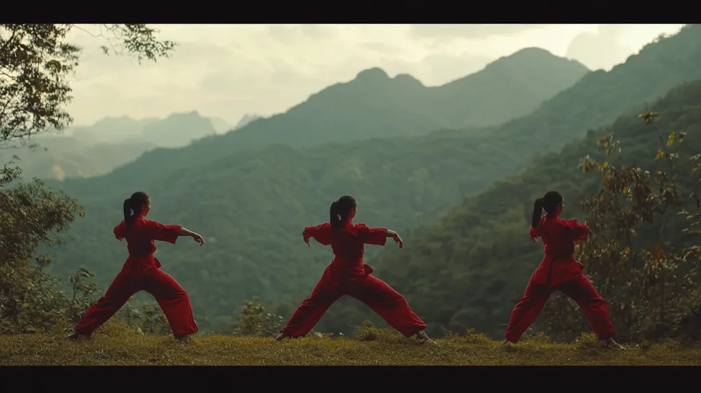 Three women in red martial arts uniforms stand in a row, backs to the camera, in a martial arts stance. They are facing a backdrop of lush green mountains. The women have their hair pulled back in ponytails, and their stances are strong and confident. The image is evocative of strength, discipline, and the beauty of nature.