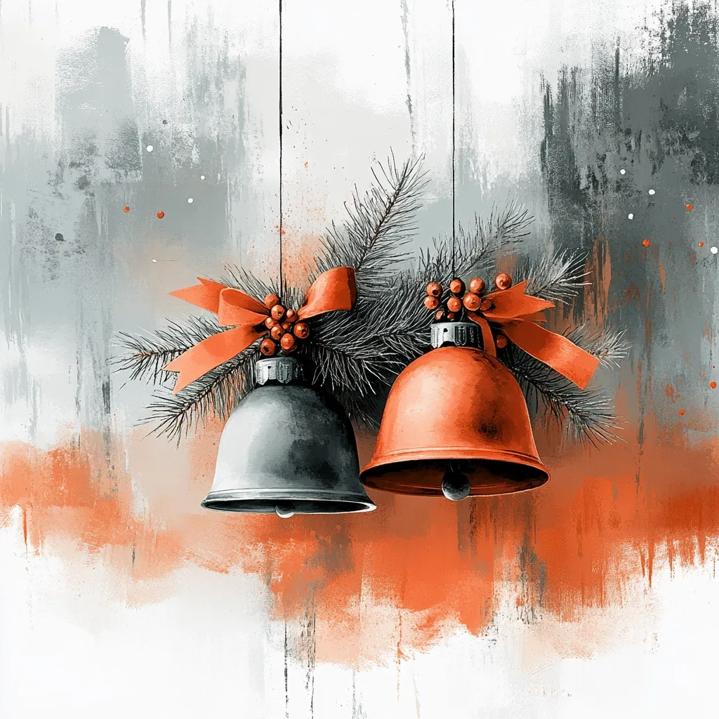 Two Christmas bells, one silver and one orange, hang from a pine branch adorned with red berries and red bows. The bells are against a white, gray, and orange painted background, giving the image a rustic and festive feel. The image creates a sense of Christmas cheer and anticipation.