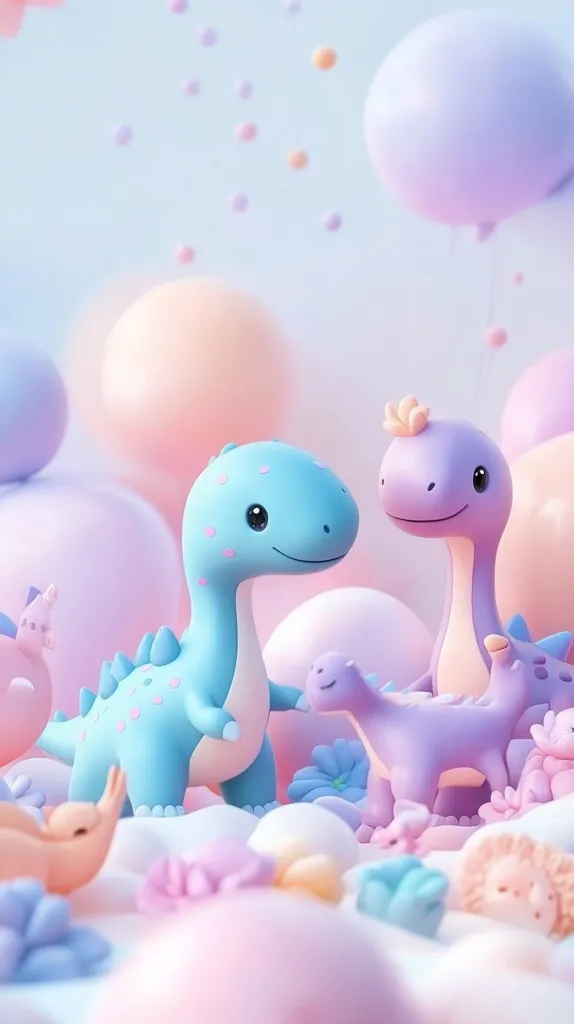 Two adorable cartoon dinosaurs, one blue and one purple, are standing in a whimsical setting filled with pastel balloons, flowers, and clouds. The background is a soft blue, creating a dreamy and playful atmosphere. The dinosaurs are depicted with sweet expressions, making the image charming and endearing.