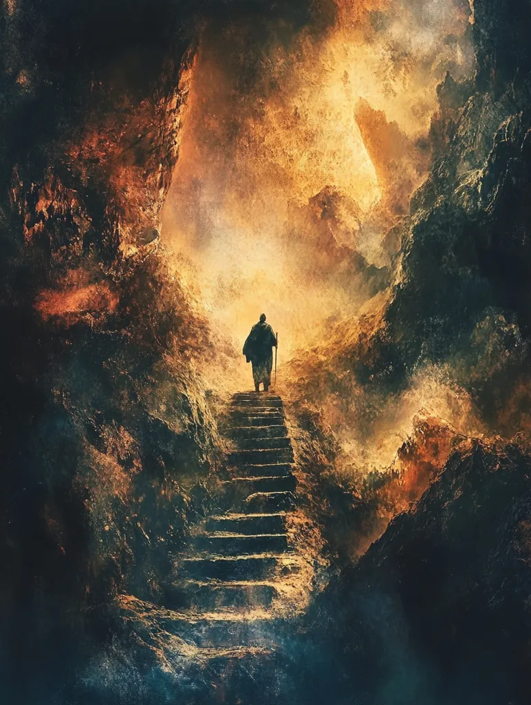 A lone figure, clad in a dark robe, ascends a set of weathered stone steps. The steps lead into a cavernous space filled with ethereal fog and golden light. The silhouette of the figure is dwarfed by the vast and mysterious space, highlighting the figure's smallness and the enormity of the unknown. The scene evokes a sense of mystery, journey, and the unknown, suggesting a path to something greater.