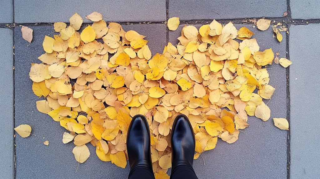 A pair of black leather boots stand on a gray sidewalk, surrounded by a heart-shaped arrangement of fallen yellow leaves. The leaves are scattered on the ground, creating a warm and inviting contrast to the cool gray pavement. The image captures the beauty of autumn and the simple pleasures of nature.