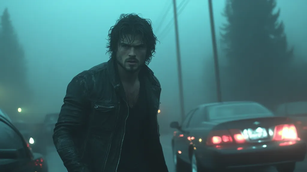 A man with dark hair and a leather jacket stands in the middle of a foggy street. He looks intense with a slight frown and his eyes are looking directly at the camera. There are cars in the background, partially obscured by the fog. The scene has a mysterious and moody atmosphere.  The image is likely a still from a film or television show.