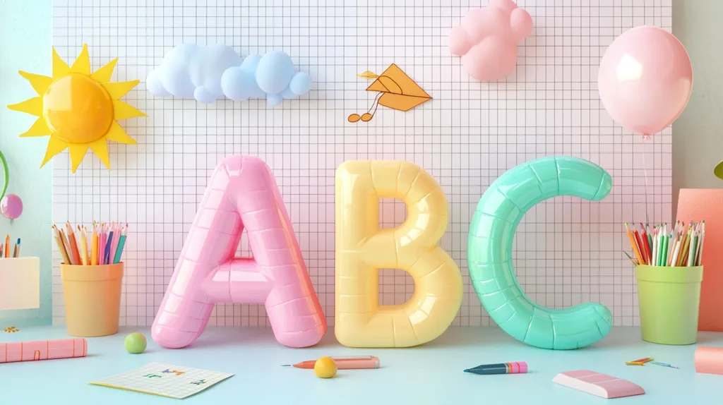 The image shows a colorful and playful scene with inflated letters A, B, and C in pink, yellow, and green respectively, against a backdrop of a white grid.  A yellow sun, blue clouds, a pink balloon, and a yellow graduation cap add to the whimsical feel. Two pencil holders with colored pencils are on the table, along with an eraser and a pencil, suggesting a playful and fun learning environment.