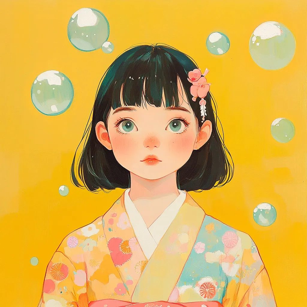 Japan animation, contemporary art, a young girl in kimono, crush, bubble, kawaii art, flat, primary color, light yellow, light pink, light blue, matte texture, solid color, background --ar 1:1 --v 6.1