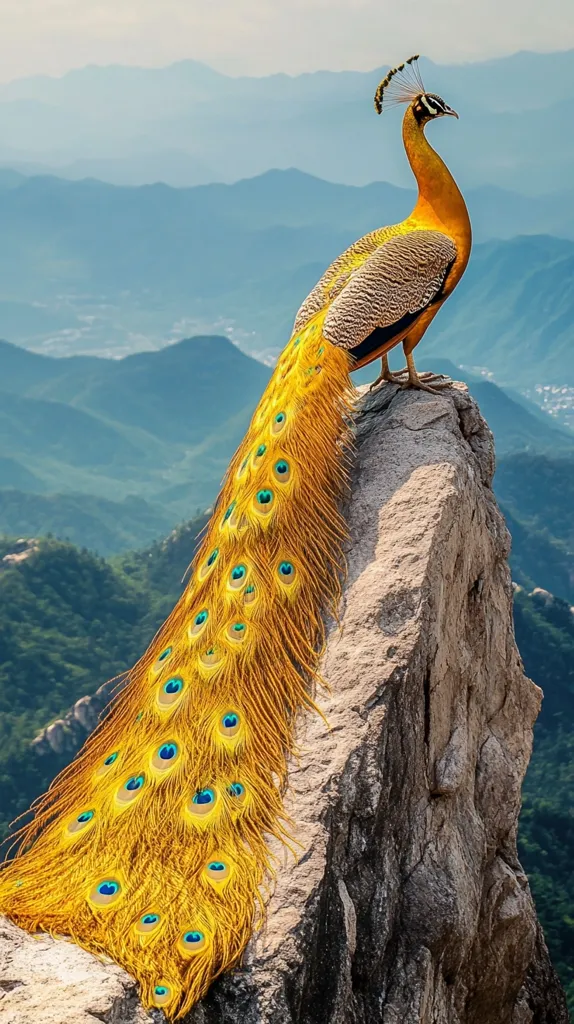 A golden peacock sits perched on a rocky cliff overlooking a vast, misty landscape. Its magnificent tail feathers fan out in a vibrant display of yellow and blue, showcasing the intricate patterns of nature. The peacock's proud posture and the dramatic backdrop create a sense of majesty and solitude. The image captures the beauty of both the animal and its natural habitat.