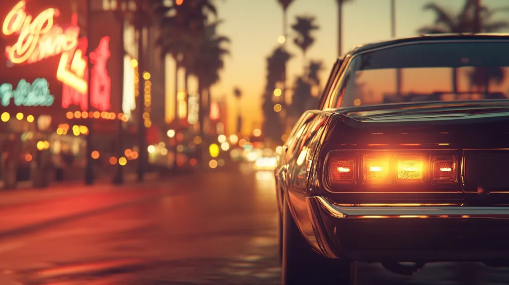 The rear of a vintage car is parked on a city street at dusk.  The car's tail lights glow brightly, highlighting its sleek, black exterior. The street behind is a blur of warm, colorful lights from businesses and streetlamps. The scene evokes a sense of nostalgia and a bygone era.  Palm trees line the street, adding to the classic, Los Angeles vibe.