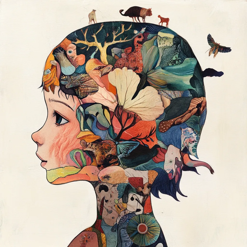 The image depicts a profile view of a person's head, filled with a colorful collage of various objects.  A tree with bare branches, flowers, butterflies, birds, and other organic shapes are scattered throughout the head. The composition creates a sense of  fantasy and surrealism, suggesting a vibrant and complex inner world. The  soft, warm colors and textured details add depth and beauty to the artwork.