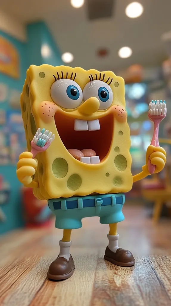 A yellow cartoon character with big blue eyes and a wide smile is holding two toothbrushes. It is wearing blue shorts and brown shoes. The character is standing on a wooden floor in a brightly lit room. The character's face is filled with joy, suggesting a happy and playful attitude.  The image captures a cheerful and vibrant moment, highlighting the fun and whimsical nature of the cartoon character.