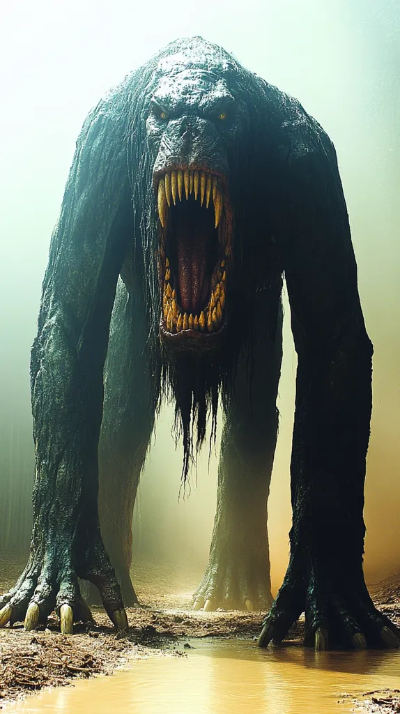 A monstrous creature with sharp teeth and claws stands in a foggy forest, its eyes glowing with an eerie yellow light. It has a long, dark body and hairy limbs, and its mouth is open in a menacing snarl. The creature stands in a muddy puddle, its presence casting a shadow over the surrounding area. The image suggests a creature of great power and danger, lurking in the dark recesses of the forest.