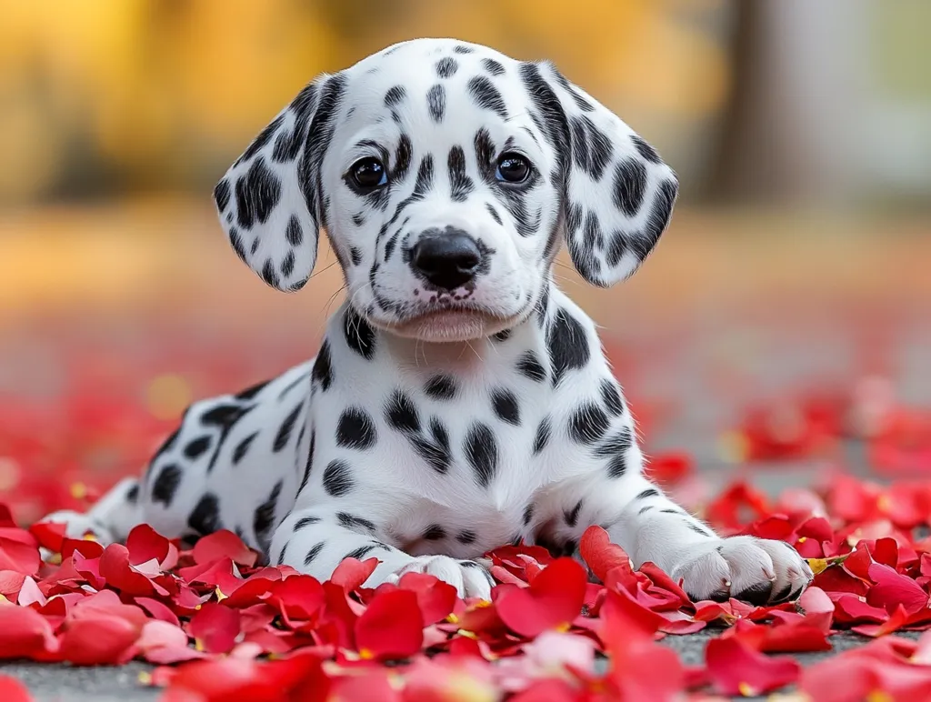 A Dalmatian puppy lies on a bed of red rose petals. Its black and white spots are clearly visible, and its eyes are large and expressive. The puppy's fur is soft and fluffy, and its ears are perky and alert. The background is blurry, which helps to focus attention on the puppy. The image is warm and inviting, and it captures the innocence and beauty of a puppy.  The image creates a sense of sweetness and joy.