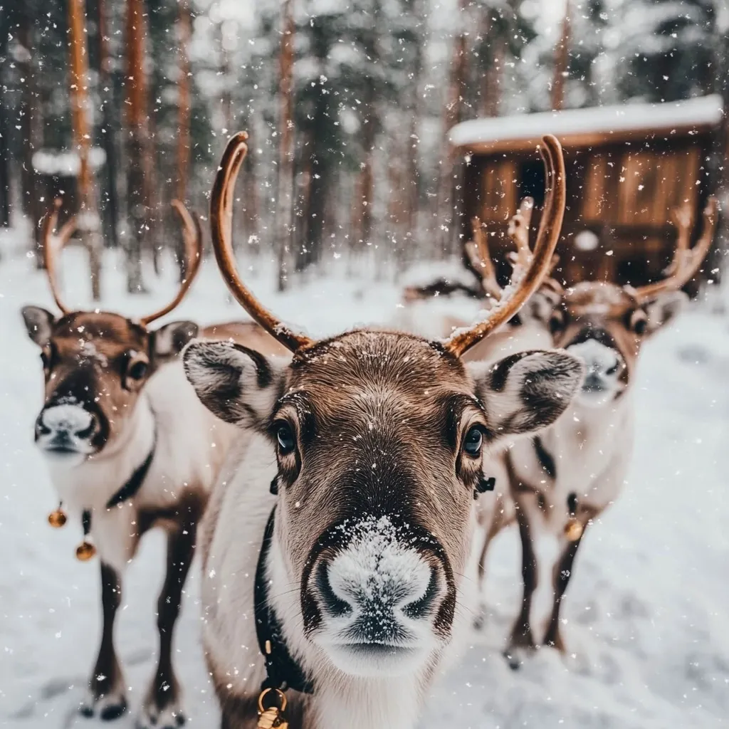 Three reindeer stand in a snowy forest, their antlers covered in snowflakes. The reindeer in the foreground looks directly at the camera with curious eyes, while the other two are slightly out of focus. A wooden cabin sits in the background, adding to the wintery scene. The image captures the magic and beauty of a snowy winter landscape.