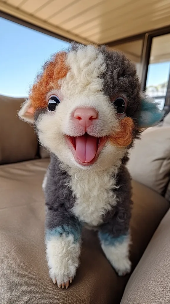A fluffy, multi-colored sheep dog with a wide, toothy grin sits on a brown couch. The dog has a white base with patches of gray, orange, and blue fur. The dog's tongue is sticking out, and its eyes are wide open. The dog is looking directly at the camera.  The background is blurred, and the couch is out of focus.  The photo is taken from a low angle, making the dog appear larger than life.