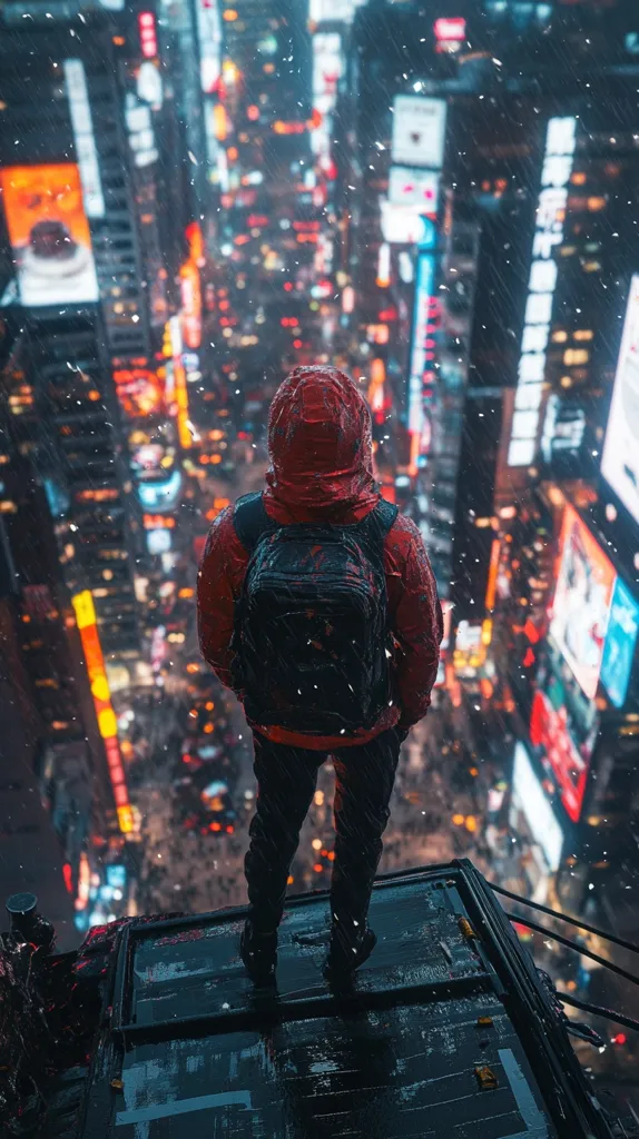 A lone figure in a red hooded jacket and backpack stands on the edge of a rooftop overlooking a bustling city street below. The city is awash in a light rain and snow, creating a hazy, ethereal atmosphere. The scene is captured from a high angle, emphasizing the vastness of the urban landscape and the feeling of isolation.  The figure's back is to the viewer, adding a sense of mystery and intrigue.  The composition creates a powerful juxtaposition between the vastness of the city and the lone individual, highlighting the power and isolation of urban life.