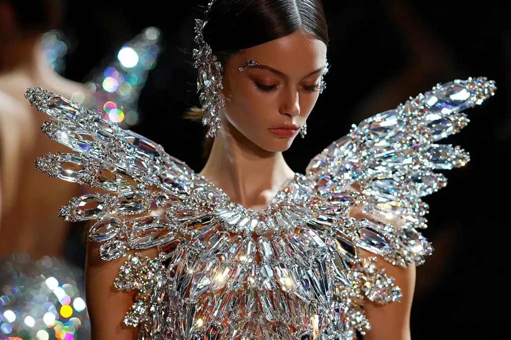 A woman with dark hair and a delicate face is wearing a dazzling gown made entirely of iridescent crystals. The crystals are arranged in a wing-like pattern around her shoulders and neck, creating a dramatic and ethereal look.  Her eyes are closed, and her expression is serene, as if she is lost in a world of glitz and glamour.