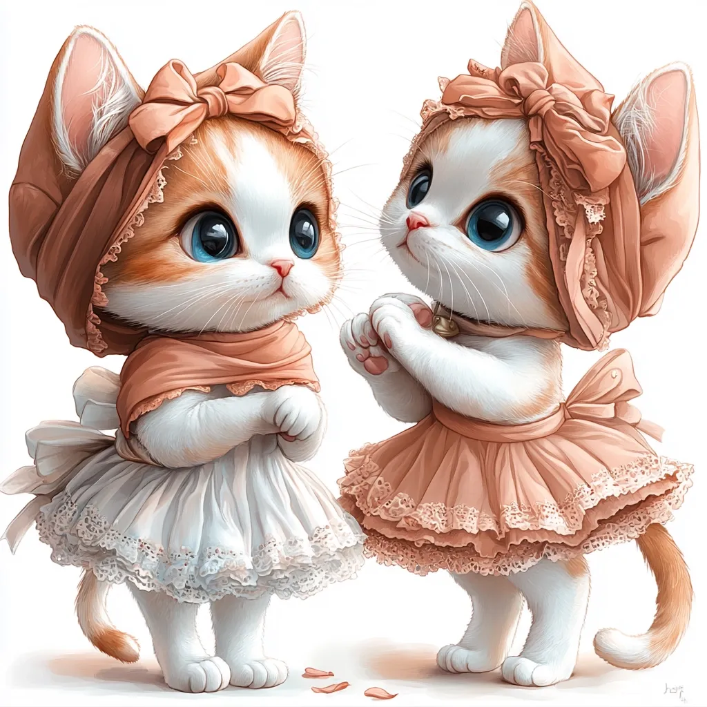 Two adorable kittens in pink bonnets and dresses are standing side by side. The kitten on the left is wearing a white dress with a lace trim, while the kitten on the right is wearing a peach dress with a lace trim. The kitten on the right looks like she's holding her paws together and is smiling. They both have big, blue eyes and cute little noses. The background is a plain white.