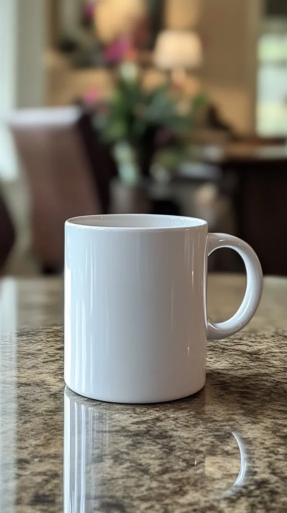 A plain white coffee mug with a large handle sits on a speckled countertop.  The mug is empty.  The background is blurred and out of focus, suggesting a kitchen or dining room setting. The image captures the simplicity of a coffee break, with a plain mug resting on a counter in a relaxed setting.