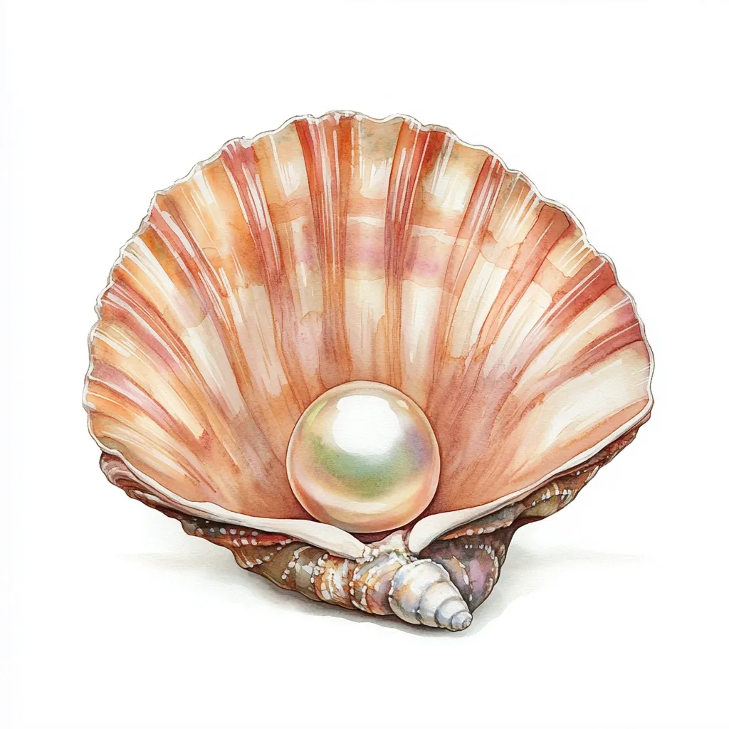 A large,  perfectly round pearl, shimmering with iridescent hues of white and green, rests inside a delicate seashell. The shell is a warm, light brown color, its surface textured with a subtle pattern of ridges and lines. The image is rendered in a realistic style, capturing the beauty and detail of the pearl and seashell.