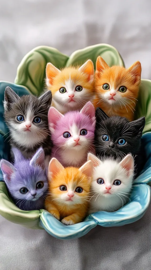 Eight adorable kittens, each a different color, are huddled together in a large, blue and green floral bowl. They are all looking at the camera with wide, innocent eyes, and their fur is soft and fluffy. The kittens are arranged in a circle, with their tails tucked under them. The bowl is on a white surface, and the background is blurred. The image is heartwarming and playful, showcasing the cuteness of these tiny felines.