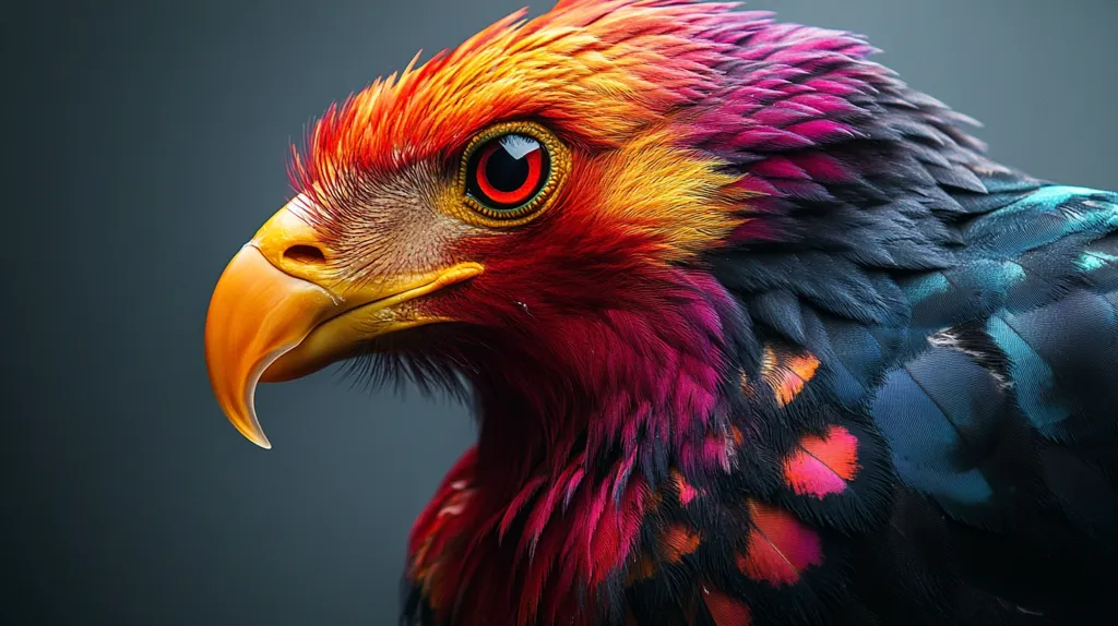 The image shows a close-up of a bird's head, featuring vibrant and colorful feathers. The bird has a bright orange beak and piercing red eyes. The feathers are a mixture of red, orange, yellow, pink, blue, and black, creating a striking contrast against the dark grey background. The bird's head is turned to the side, giving a profile view of its sharp features.  The image focuses on the intricate details of the bird's feathers and the captivating colors.