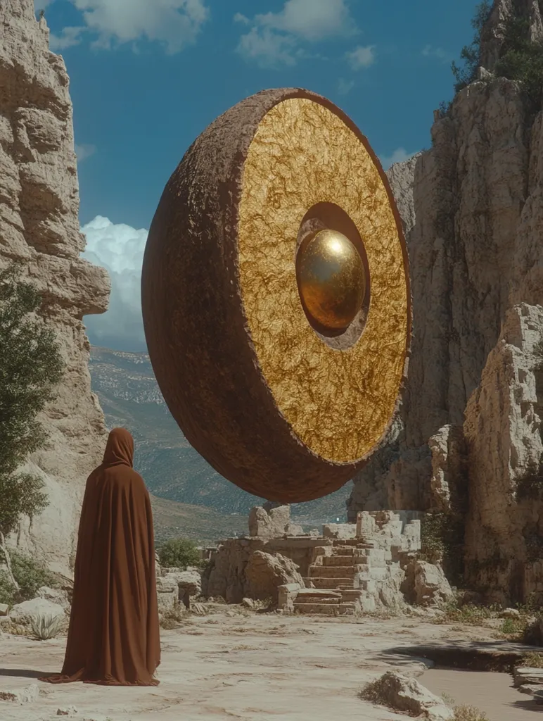 A cloaked figure stands before a large, golden, disc-shaped object that hangs between two rocky cliffs. The object is bisected by a concentric circle, revealing a smaller golden sphere within. The scene has an ethereal, almost otherworldly quality.  The figure appears small and insignificant compared to the imposing scale of the object and the vastness of the landscape.