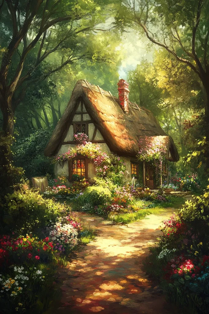 A charming cottage nestled amongst lush greenery, with a thatched roof and charming details. Sunlight filters through the trees, illuminating a path leading to the cottage.  The surrounding garden is bursting with vibrant wildflowers, adding a touch of magic to the scene. The cottage seems to be hidden away in a secluded and peaceful part of the forest.