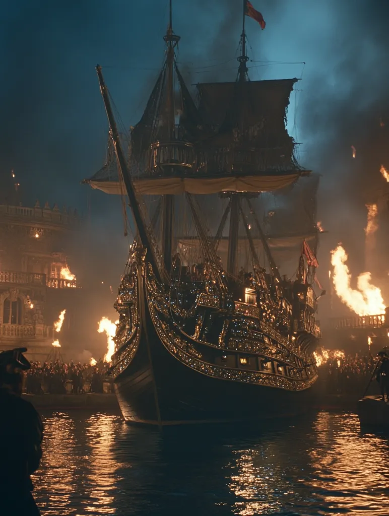 A large, ornately decorated ship, adorned with gold accents, sits in the water at night. The ship is illuminated by torches held by people on the docks, creating a warm glow against the dark sky.  A crowd of people gathers on the docks, watching the ship. The scene suggests a grand event, possibly a royal arrival or a celebratory occasion.