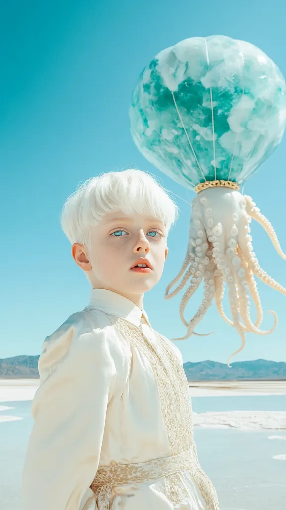 A young boy with white hair and blue eyes stands in front of a large, blue and white balloon-shaped octopus. The boy is wearing a white dress with a gold sash.  He has a serious expression on his face as he stares off into the distance. The background features a blue sky and a body of water that could be a lake or sea.
