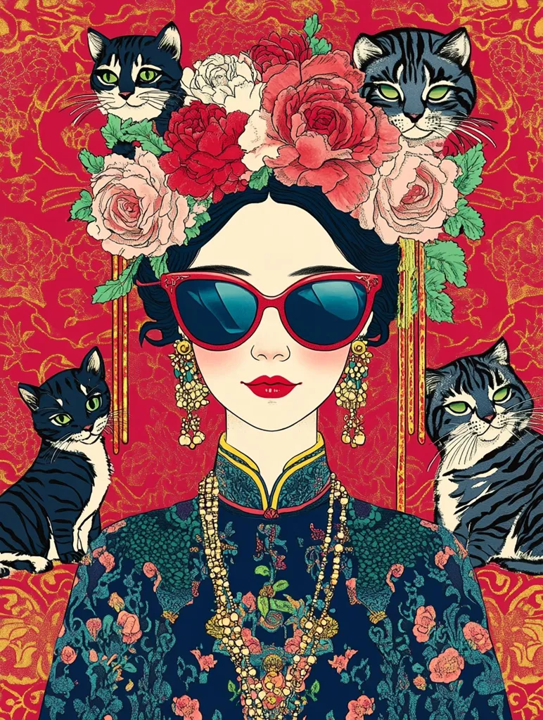 A woman with dark hair wears a traditional Chinese dress with a floral design. She has large sunglasses and dangling earrings. She has a garland of flowers in her hair. Two black and white striped cats sit on either side of her. The background is a bright red with an ornate floral pattern.