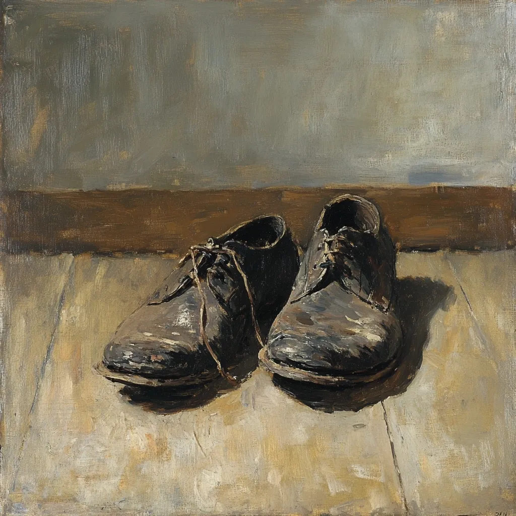 The painting depicts a pair of worn leather shoes. The shoes are dark brown and have laces. They are placed on a wooden floor against a light grey background. The shoes are painted in a realistic style, with visible details like the scuffs and wrinkles on the leather. The painting has a muted color palette, with browns, grays, and tans dominating the composition. The shoes are positioned in a simple and straightforward manner, creating a sense of stillness and solitude. The image is suggestive of the passage of time and the everyday life of the person who wore these shoes.
