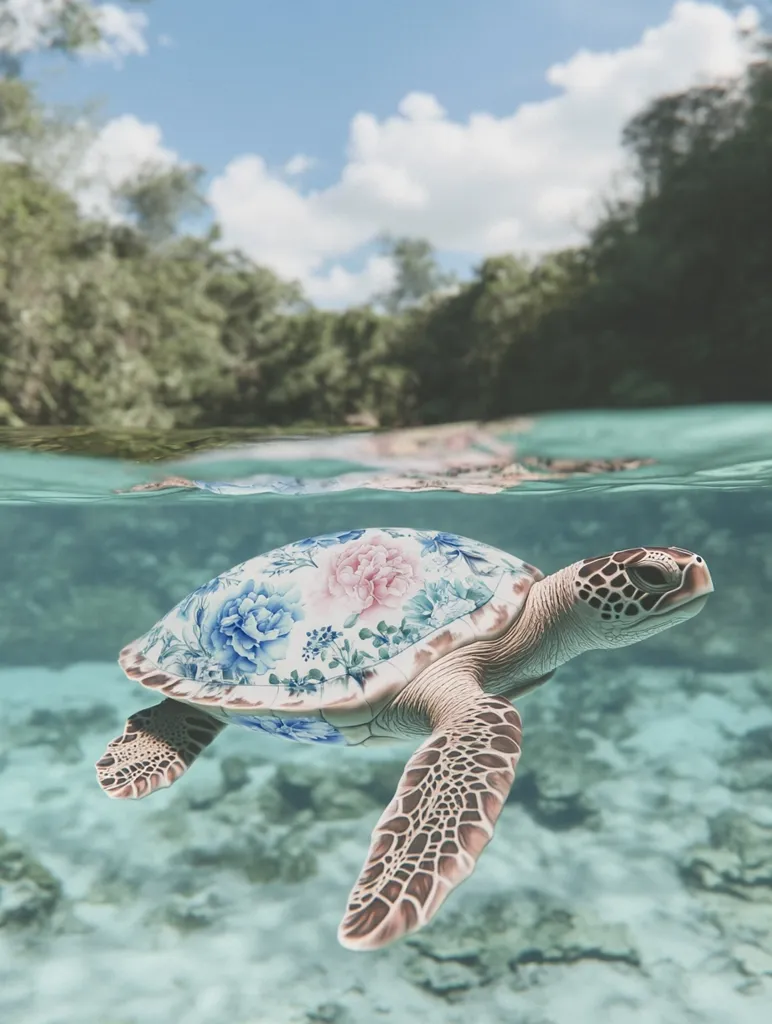 A sea turtle with a beautiful floral pattern on its shell swims through clear, turquoise water. Lush green foliage and a bright blue sky frame the scene, creating a sense of tranquility and beauty. The turtle's graceful movement and the vibrant colors create a captivating image.
