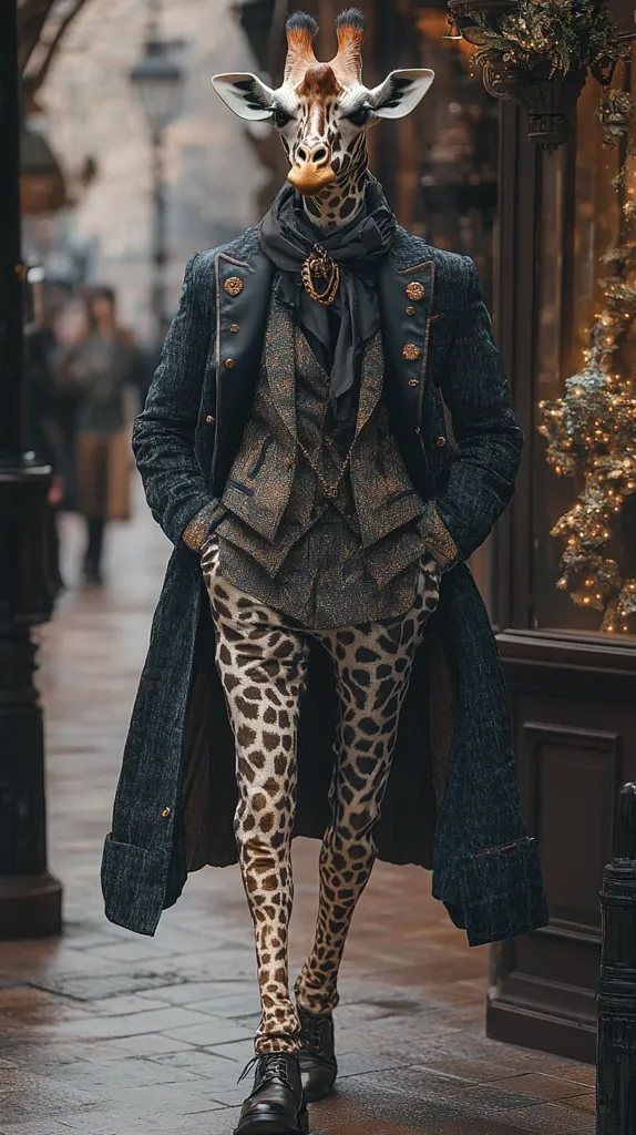 A giraffe, dressed in a dapper, dark-blue coat with gold accents, walks down a city street. It wears a vest and pants patterned with giraffe spots, and black, polished shoes. The giraffe's expression is stoic and serious, almost as if it's on its way to a business meeting. The background is a blur of city life, suggesting that this giraffe is right at home in the urban environment.