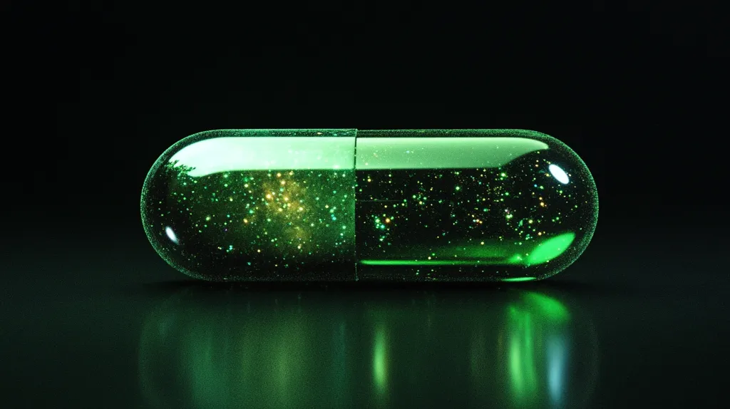 A large, green capsule pill sits on a dark surface, reflecting the surrounding light. Inside the pill, swirling nebulae of gold and green dust are visible. The image has a sci-fi feel, suggesting a powerful, unknown substance within.  The pill is illuminated from the front, casting a soft glow on the surface.