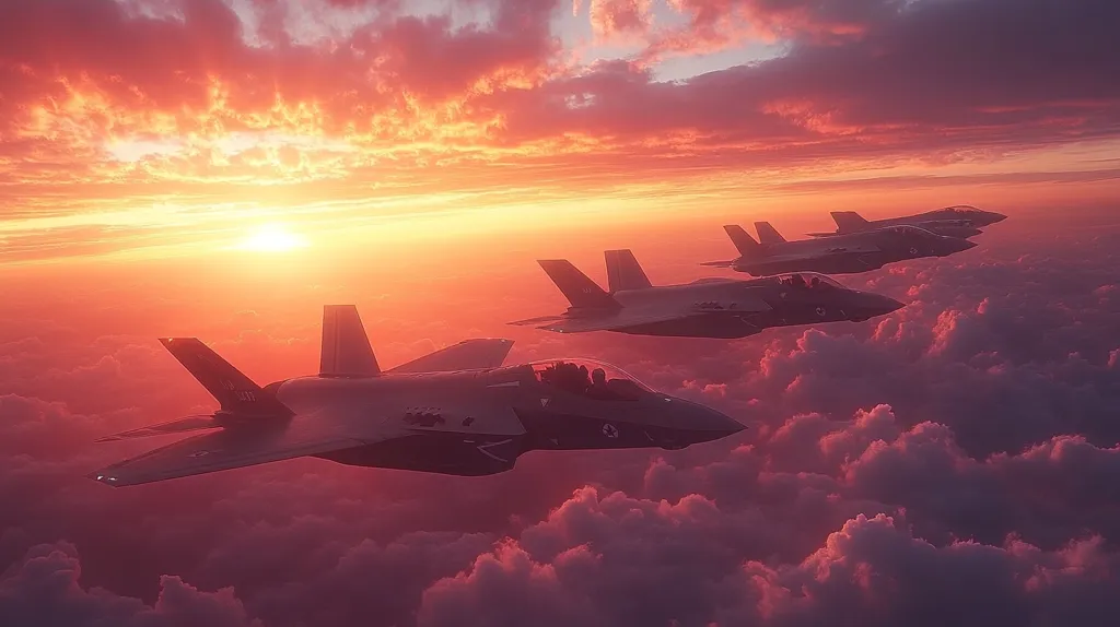 Three F-35 fighter jets fly in formation above a sea of pink and orange clouds. The sun, a bright orb, shines through the clouds above. The jets are silhouetted against the sky, with only their outlines visible. The scene is dramatic and awe-inspiring.