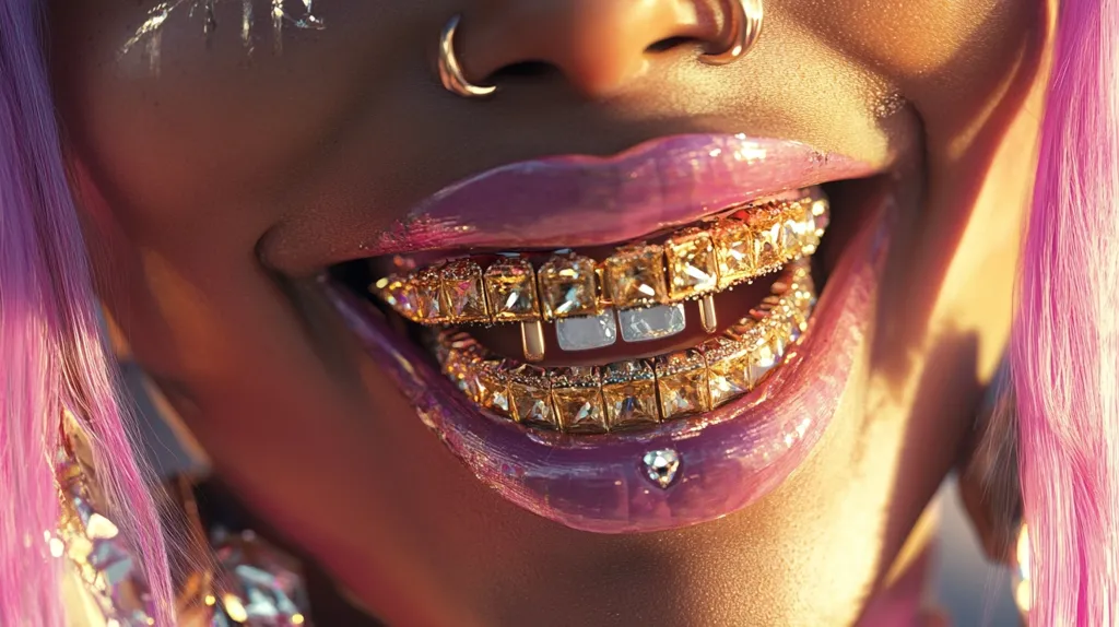 A close-up of a person's mouth with a gold grill and pink lips. They have a nose ring, and their hair is pink. The image is focused on the mouth and teeth, with the rest of the face and body blurred. The lighting is warm and inviting. The image is likely meant to be fashionable and glamorous.