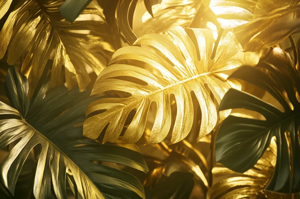 The image features a close-up of large, tropical leaves. The leaves are a vibrant green, and some have been coated with gold paint, creating a shimmering, luxurious effect.  The light catches the gold, making it shine and stand out.  The leaves create a layered and textured background.
