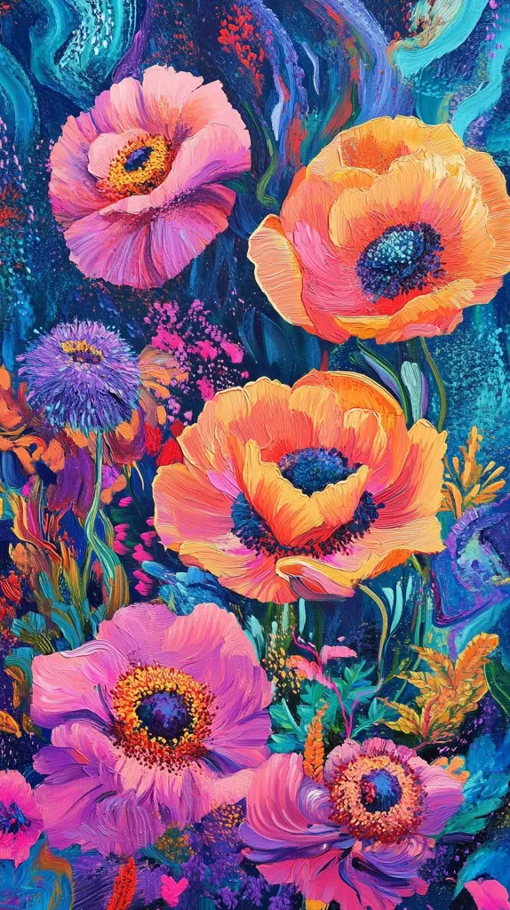 A vibrant floral painting features large, brightly colored poppies in shades of pink and orange. The flowers are surrounded by a lush, dark blue background with splashes of vibrant colors, creating a dynamic and energetic feel. The painting's thick brushstrokes give it a textured and expressive quality.