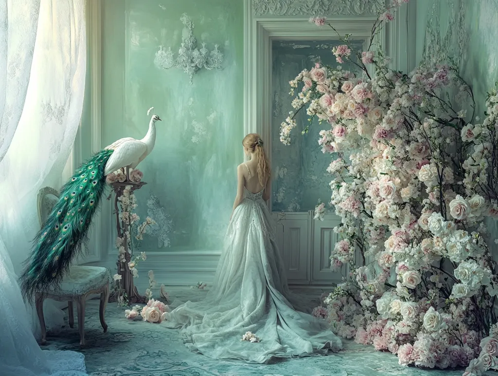 A woman in a flowing white gown stands in a room adorned with lush pink and white flowers. A white peacock with a vibrant green tail feathers perches on a pedestal, its presence adding a touch of elegance and mystique to the scene. The room's soft green walls and ornate details enhance the dreamy atmosphere. The image evokes a sense of romanticism and fairy tale charm.