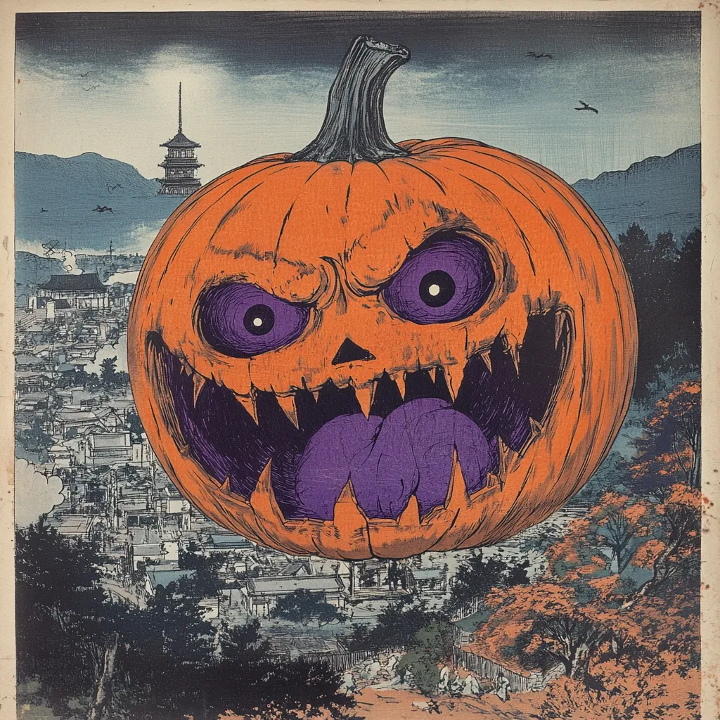 A large, menacing jack-o'-lantern hovers over a Japanese village. The pumpkin has a wide, toothy grin, revealing a purple tongue, and two menacing purple eyes.  The village is depicted in a traditional Japanese woodblock print style, with small houses, trees, and a pagoda in the background.  The image evokes a sense of Halloween horror mixed with a touch of Japanese folklore.