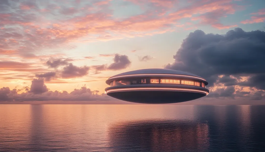 A futuristic flying house hovers above a calm ocean at sunset. The house is circular and has glowing lights around its rim, and windows that show the interior. The sky is a beautiful mix of pink, orange, and blue clouds. The overall image creates a sense of wonder and possibility.