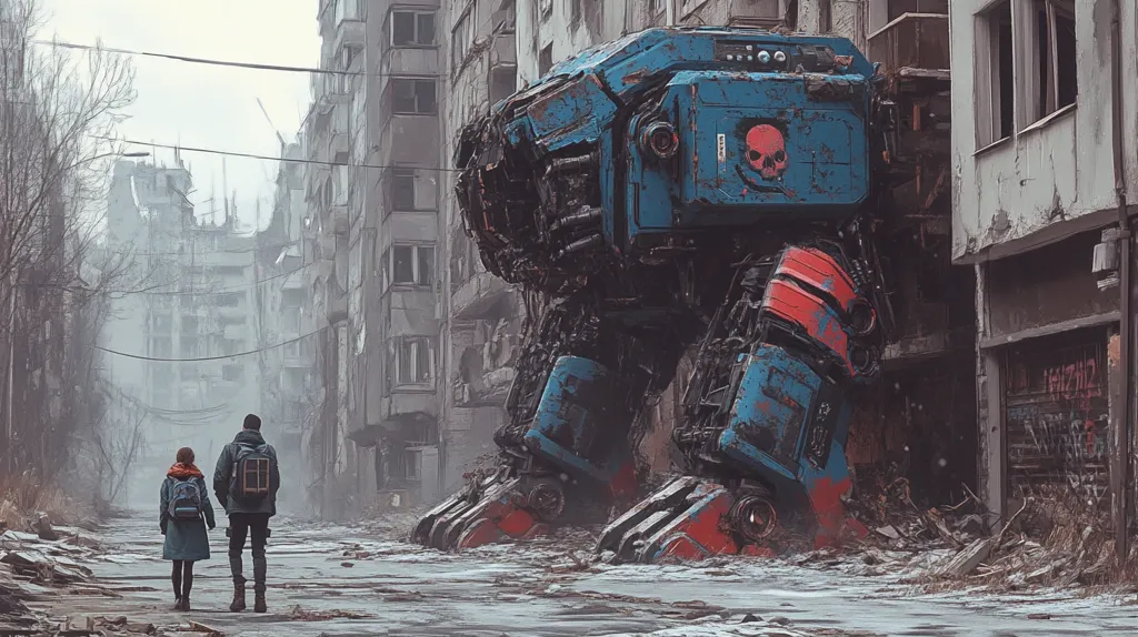 A large, blue and red robotic machine stands in a destroyed city, its massive feet crushing the rubble. Two figures walk down the street, their backs turned to the machine, seemingly oblivious to the danger it poses. The city is shrouded in a haze, adding to the sense of devastation. The image suggests a post-apocalyptic world where humans and machines have clashed, leaving behind a trail of destruction.