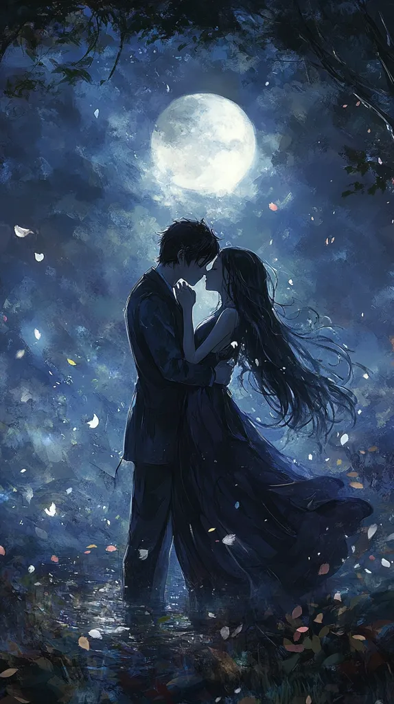 A young couple embraces under a large, bright moon, silhouetted against a backdrop of swirling blue sky and falling petals. The woman's long black hair flows around her, and she looks up at the man, her face softened by his touch. He is dressed in a dark suit, and he holds her close, his hand on her back. The scene is romantic and serene, evoking a sense of love and intimacy.  The artist has used soft brushstrokes and muted colors to create a dreamy and ethereal mood.