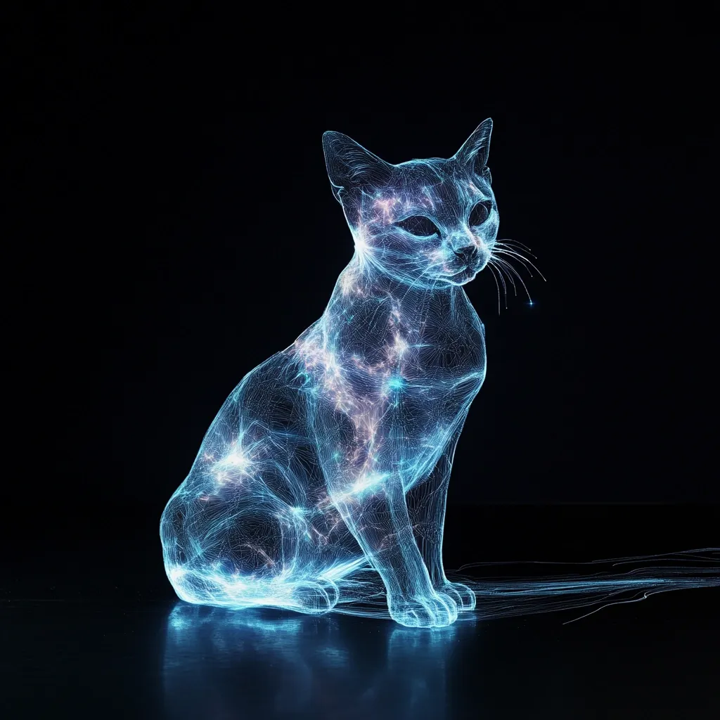 A digital rendering of a cat, composed of a network of interconnected lines and dots. The cat is sitting on a black surface, and its outline is a bright blue, with faint white lights twinkling throughout its form. Its tail is a long, thin stream of blue light that trails behind it. The image is abstract and ethereal.